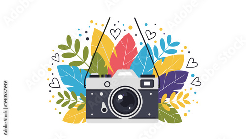 Vintage photo camera surrounded by colorful tropical leaves and small hearts on white background for creative photography.