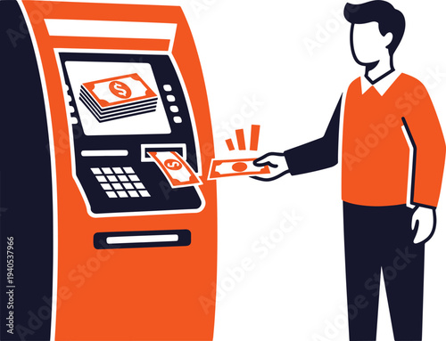 Man withdrawing cash from an ATM machine, financial transaction at bank