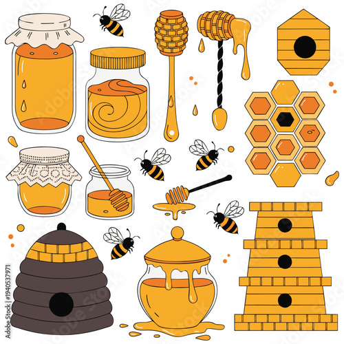Beekeeping Honey and Bee Farm Cute Icon Collection