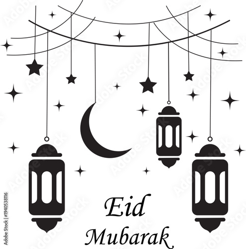 inimalist Black and White Eid Mubarak Hanging Lanterns and Moon Illustration