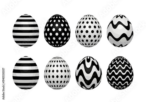 Set of eight black and white patterned easter eggs