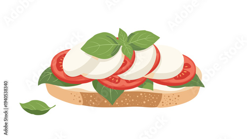 Appetizing illustration of a caprese sandwich with fresh mozzarella slices tomatoes and basil on toasted bread.