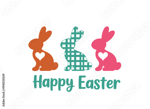 Three colorful stylized bunny silhouettes in orange, green, and pink sit above cheerful Happy Easter text