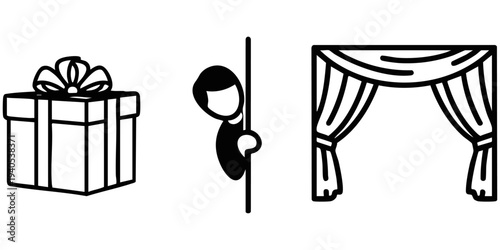 Celebration and Theater Silhouette Set: Wrapped Gift Box with Ribbon, Peeking Person, and Stage Curtain Icons