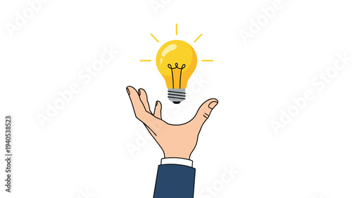 Professional hand reaching toward a glowing yellow light bulb symbol on a white background representing a business idea.