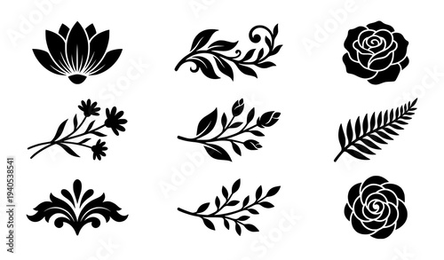 Black floral silhouette vector set with random flowers leaves and botanical decorative elements isolated on white