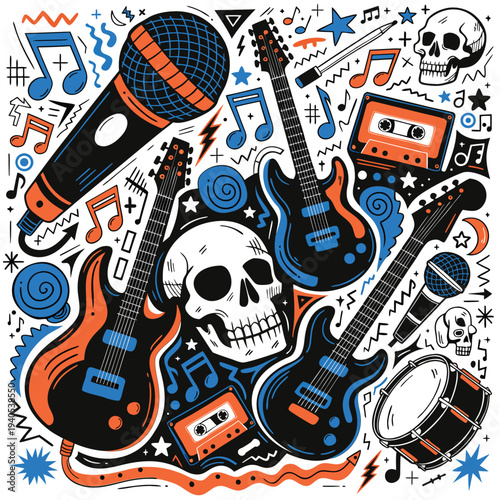 Rock Music Instruments and Punk Doodle Icon Set