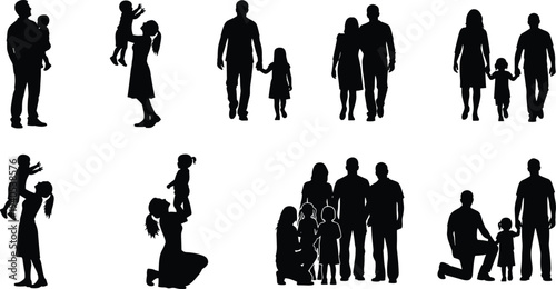 Set of black silhouettes showing happy family moments with parents playing carrying and walking with their children on white background