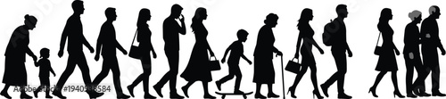 Silhouette of diverse people walking in a row, large group of pedestrians, urban crowd, community movement, daily commute, lifestyle activity