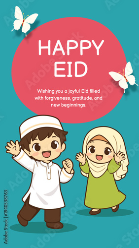 Cute Muslim Kids Character Illustration for Happy Eid Greeting