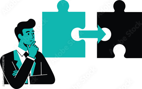 Thinking businessman solving puzzle with connecting jigsaw segments