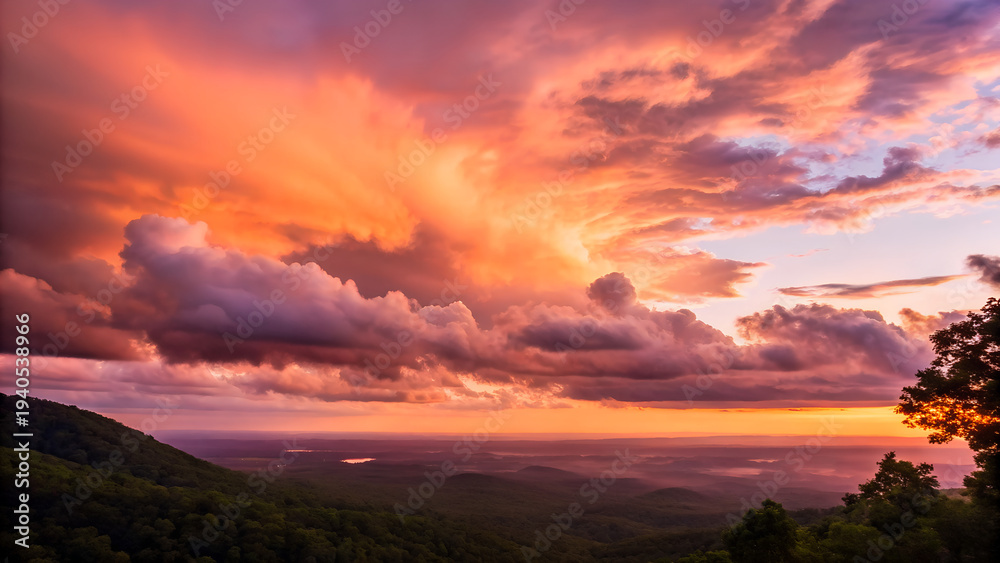 Fototapeta premium A beautiful sunset over the mountains and forest glows with dramatic orange and red light across a cloudy sky as the sun dips below the horizon in this stunning evening nature landscape view