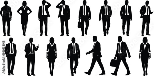 Set of business people silhouettes in suits and professional attire walking standing and holding briefcases in a corporate office environment