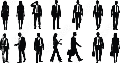 Set of business people silhouettes, corporate men and women in suits, walking, standing, holding briefcases, professional office team, vector illustration
