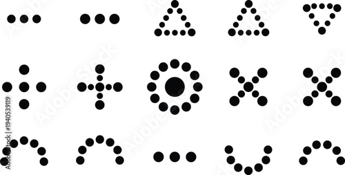 Abstract geometric dot pattern grid featuring circles, crosses, arcs, triangles, and lines in minimalist black design for visual perception, symmetry, and modern art concepts