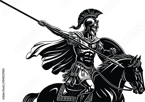 Ancient warrior on horseback charging into battle with spear, classical Roman or Greek soldier illustration, heroic historical warfare scene, dynamic black and white artwork