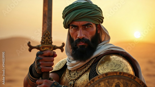 Arabian warrior knight with armor and sword in the sunset desert ancient medieval