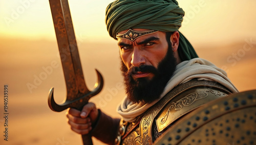 Arabian warrior knight with armor and sword in the sunset desert ancient medieval