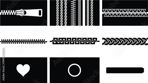 Black and white textile fastener icons set featuring zippers, stitches, woven patterns, gears, heart, circle, and rectangle symbols for clothing, fashion, and design illustrations