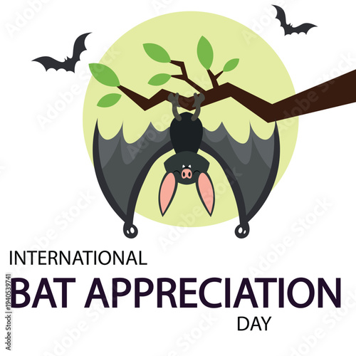 INTERNATIONAL BAT APPRECIATION DAY Cute flying mammal hanging from a tree branch under moonlight with silhouettes in the sky, highlighting nocturnal wildlife protection, biodiversity importance