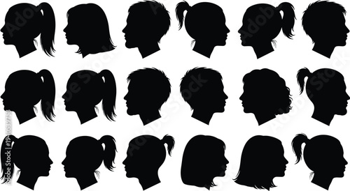 Collection of diverse black silhouette human head profiles featuring various hairstyles and shapes, 