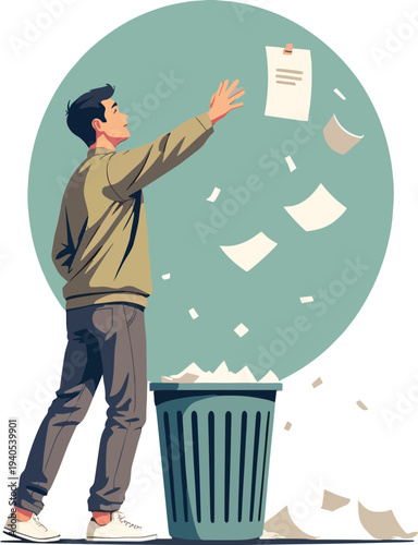 uomo o donna che buttano carta o oggetti nel cestino e il vento porta via tutto vettoriale