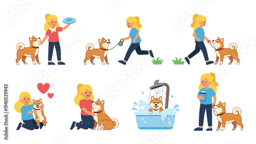 Illustration set of a young girl and her shiba inu dog playing walking and bathing for pet care and friendship concept.
