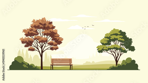 Peaceful public park landscape with wooden bench and autumn trees under a soft yellow sky with light clouds and birds flying in distance.