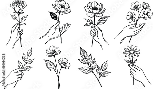 Elegant black and white line art illustrations of hands holding flowers and leaves, botanical tattoo design elements, floral sketch drawings for artistic and decorative use