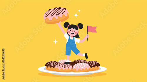 Happy little girl standing on a giant pile of colorful donuts while holding one up and waving a pink flag on a bright yellow background.