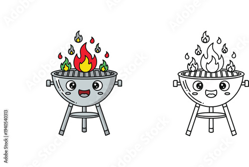 Cute kawaii BBQ grill cartoon character with fire flames. Colorful and black and white outline versions for kids coloring book page. Vector illustration.