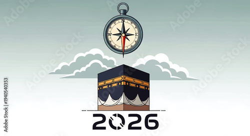 Happy Eid al-Fitr 2026 Celebration with Eid Mubarak Greeting Card, Kaaba, Clock, Clouds, and Compass Illustration