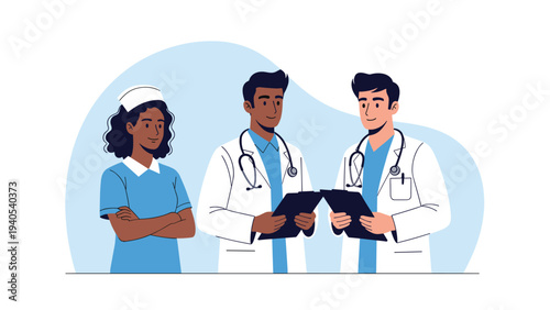 Diverse team of medical professionals including a nurse and two doctors wearing stethoscopes and holding clipboards in a hospital setting.