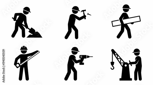 Set of construction worker icons with tools and equipment, representing building and manual labor activities