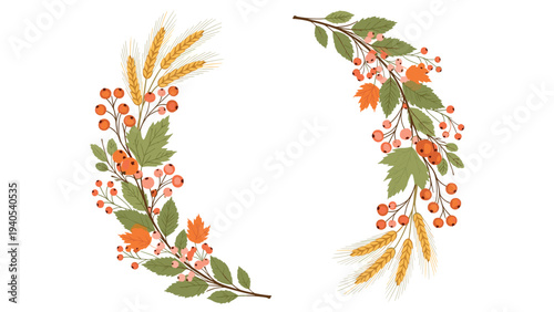 Autumnal floral frame border featuring seasonal orange berries green leaves and golden wheat stalks on a white background for fall harvest.
