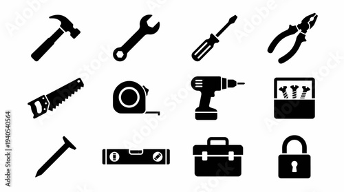 A collection of twelve classic tools, including a hammer, wrench, screwdriver, pliers, saw, tape measure, drill, toolbox, nail, level, toolbox, and padlock, presented as a black and white icon set