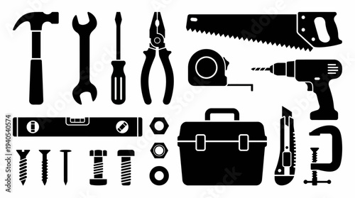 Collection of Silhouetted Hand Tools and a Toolbox for DIY and Construction Projects