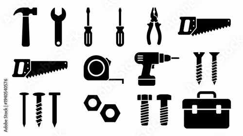 Collection of various tools and hardware, including a hammer, screwdrivers, pliers, saw, drill, tape measure, screws, nuts, and a toolbox