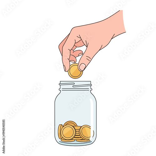 Hand dropping gold coin into glass jar, saving money concept illustration