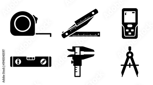 Collection of measuring and drawing tools including a tape measure, level, caliper, protractor, and compass for construction and drafting purposes