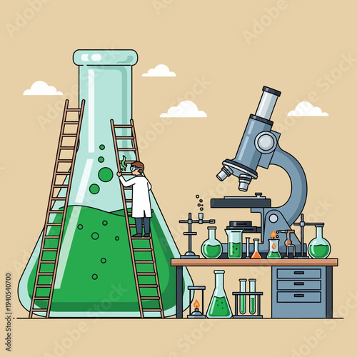 Scientist climbing ladder into giant flask with green liquid, microscope and lab equipment