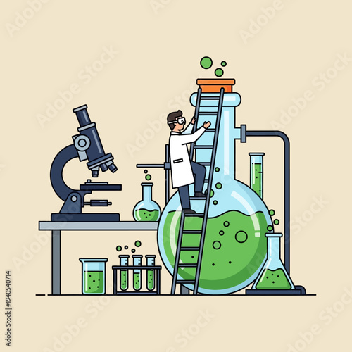 Scientist climbing ladder into giant flask, microscope, lab equipment, green liquid, research concept