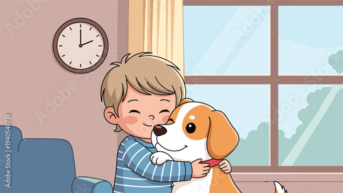 Heartwarming illustration of a happy little boy hugging his pet dog in a cozy home setting by a window with a clock on the wall background.