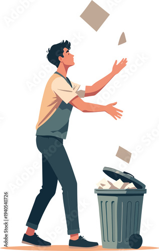 uomo o donna che buttano carta o oggetti nel cestino e il vento porta via tutto vettoriale
