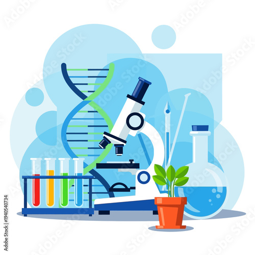 Science and Research: DNA, Microscope, Test Tubes, Flask, Plant - Biotechnology Concept