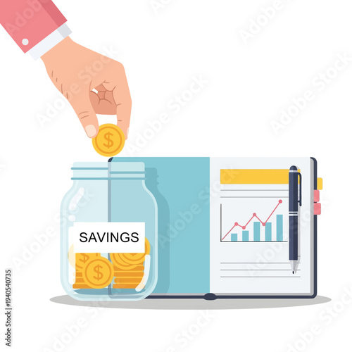 Hand putting coin into savings jar next to financial chart and notebook