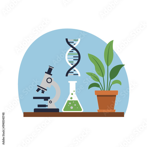 Science lab setup with microscope, DNA, plant, and beaker on shelf