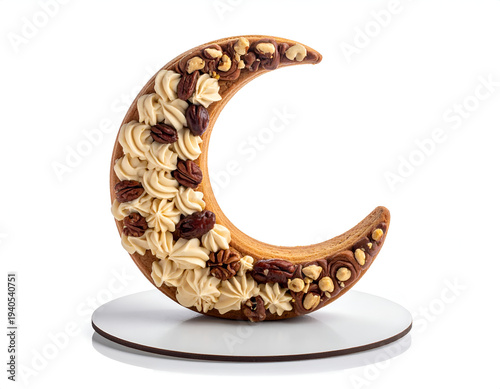 Crescent moon-shaped cookie, adorned with cream and nuts