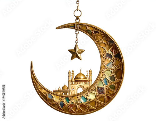 Ornate crescent moon with mosque and star ornament