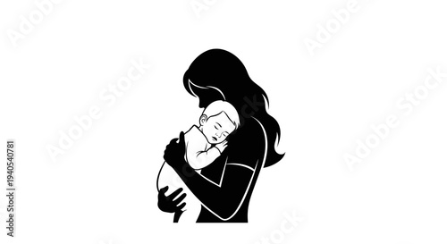 Mother holding baby in her arms, breastfeeding illustration.